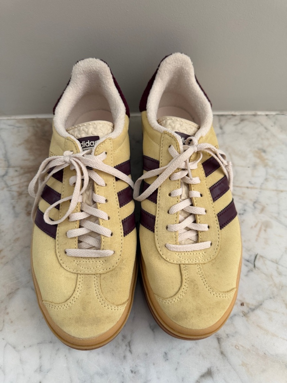 adidas Women’s Gazelle Yellow Suede Sneakers with Maroon Stripes